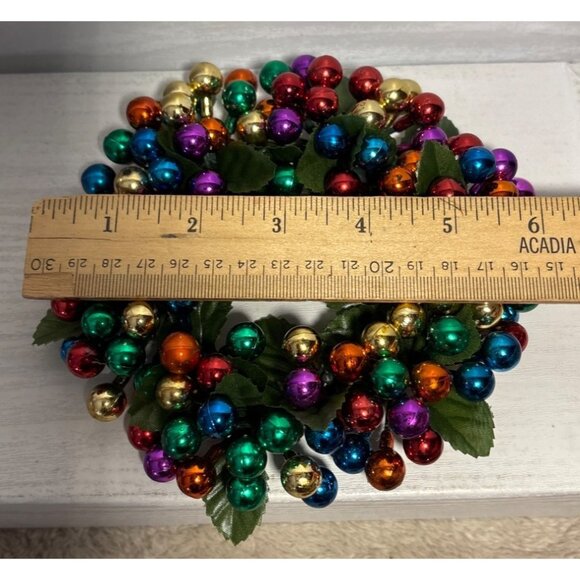 Colorful Beaded Ornament Ball & Matching Wreath Green Leaves Christmas Holiday - Picture 6 of 7